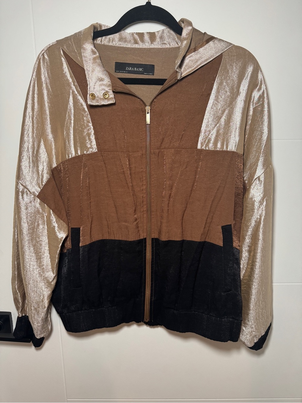 Zara Colorblock Shimmer Bomber Jacket - Brown/Beige/Black